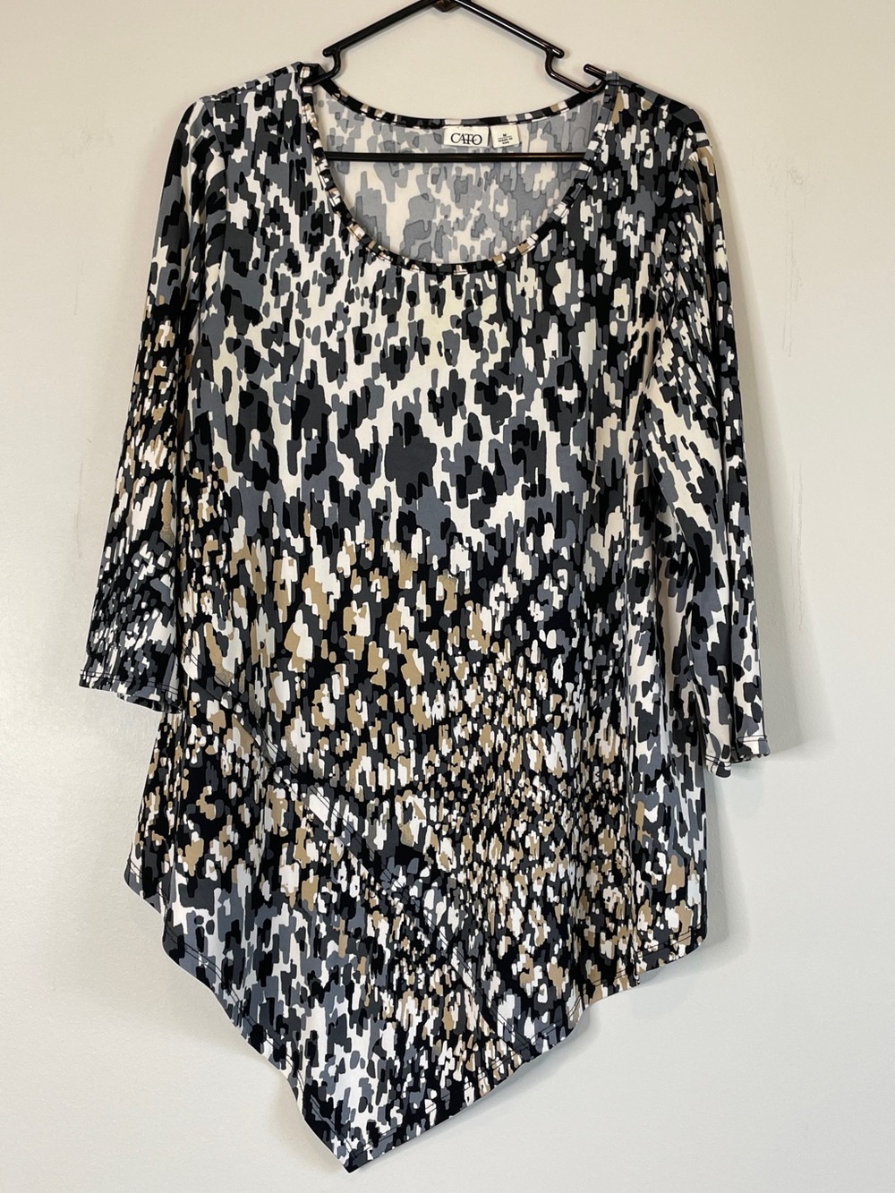 Cato Black White and Tan Abstract Asymmetric Scoop Neck Tunic